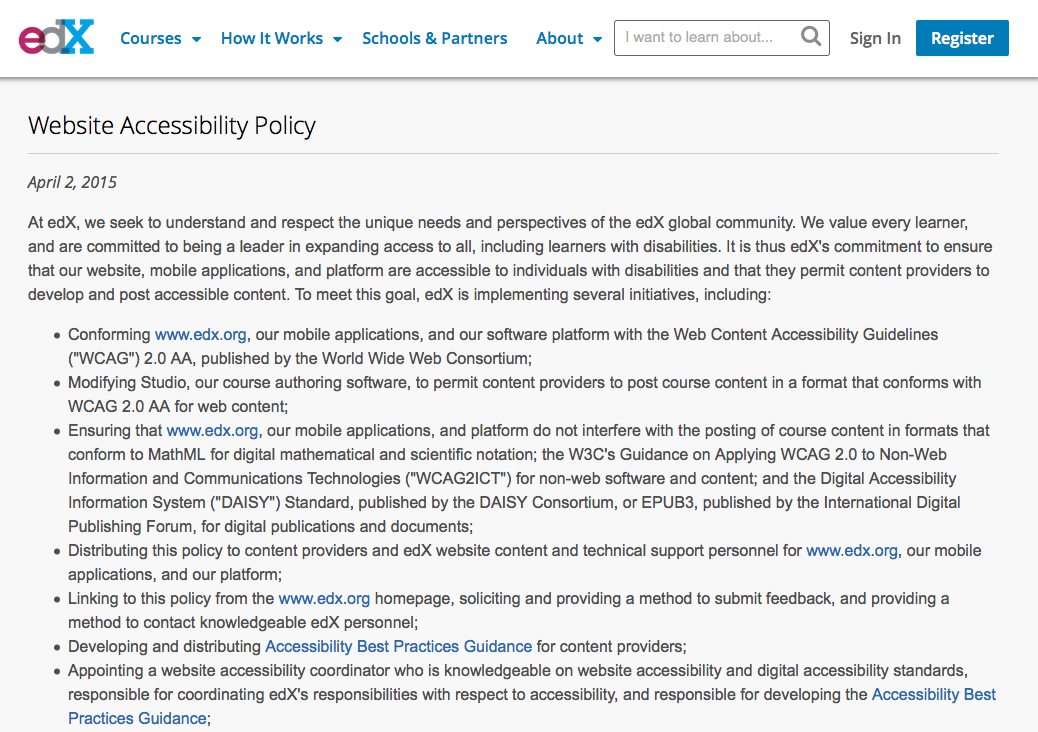 Screenshot of edX Accessibility Policy which is posted on our public website